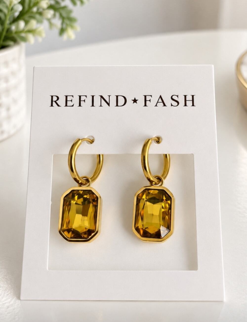 18K Plated Over Titanium Steel Yellow Gemstone Earrings New